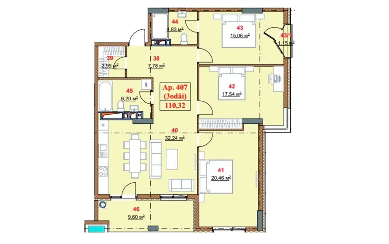 4-camere apartament, 110.32 m² — Imagine 2