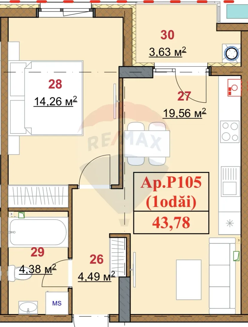 1-bedroom apartment, 43.78 m² — Image 2