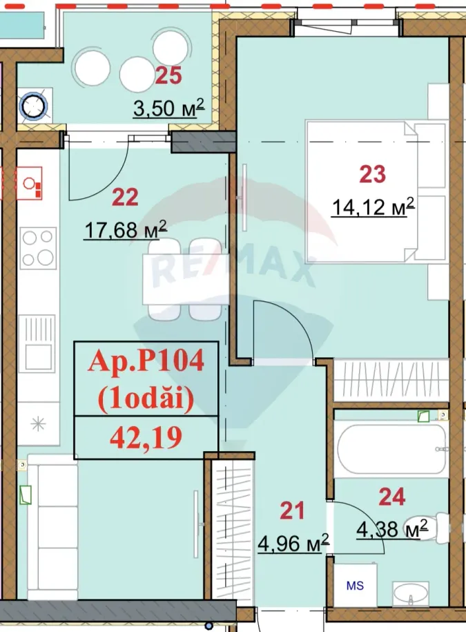 1-bedroom apartment, 42.19 m² — Image 2