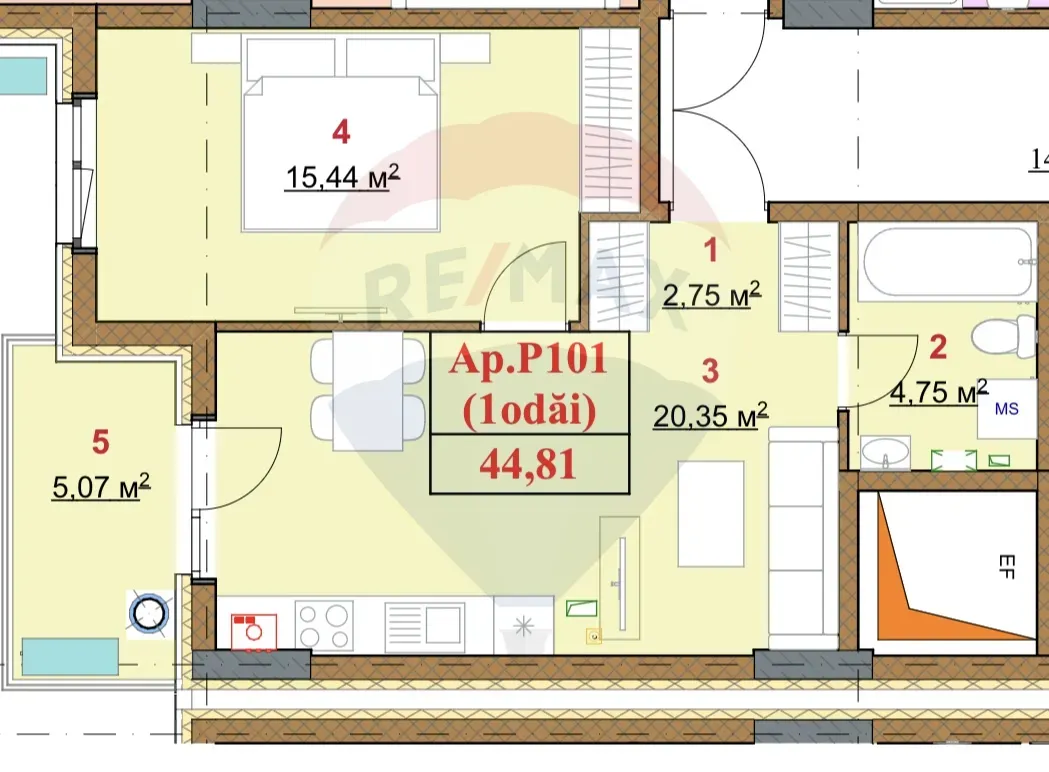 1-bedroom apartment, 44.81 m² — Image 2
