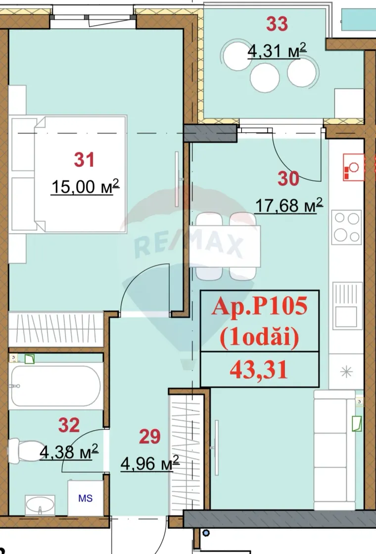 1-bedroom apartment, 43.31 m² — Image 8