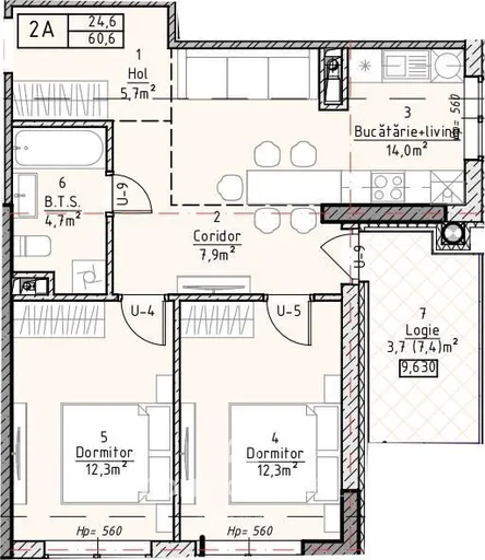 2-camere apartament, 60 m² — Imagine 2