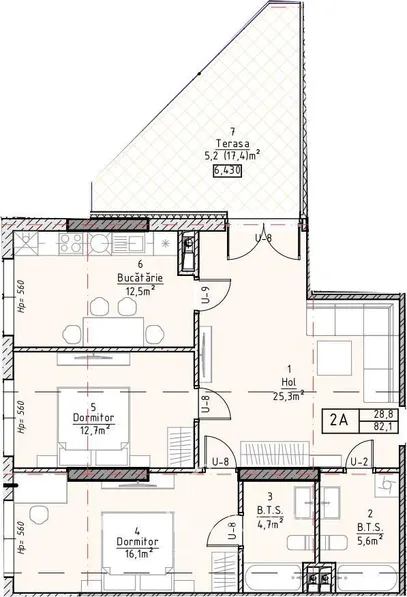 2-camere apartament, 82 m² — Imagine 2