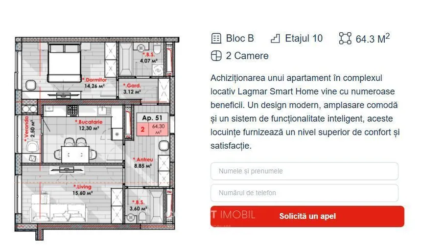 2-camere apartament, 64 m² — Imagine 3