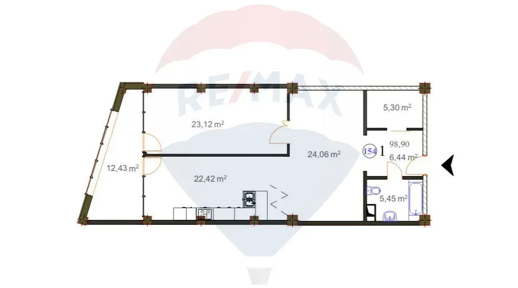 1-bedroom apartment, 98.9 m² — Image 2