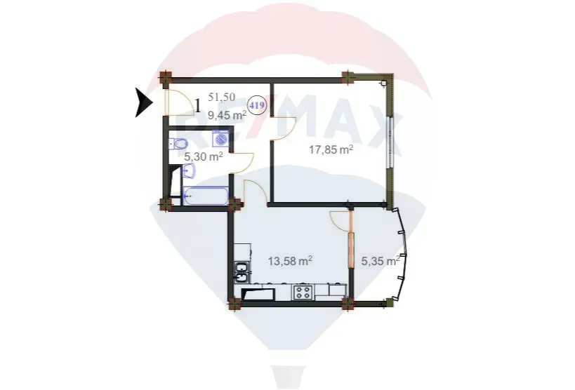 1-bedroom apartment, 51.5 m² — Image 2