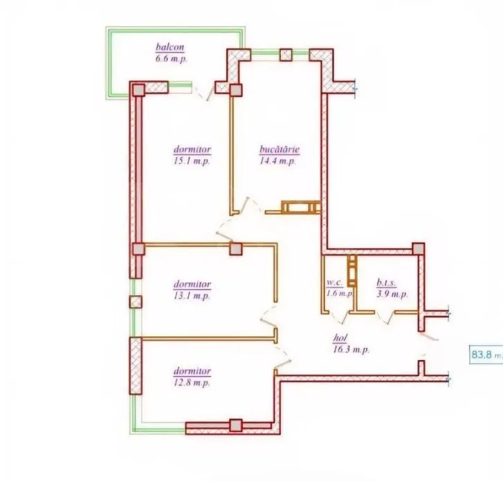 3-camere apartament, 83.8 m² — Imagine 2