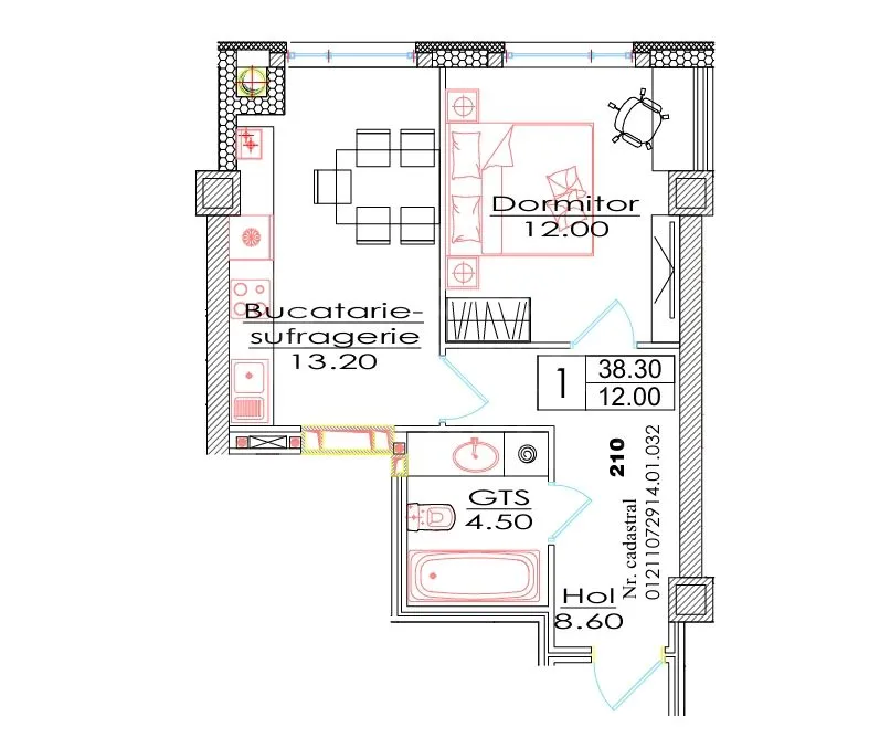 1-bedroom apartment, 38.3 m² — Image 2