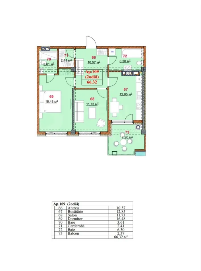 2-camere apartament, 66.23 m² — Imagine 2