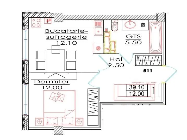 1-bedroom apartment, 39.1 m² — Image 2