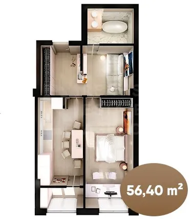 1-комнатная квартира, 56.4 м² — Изображение 1