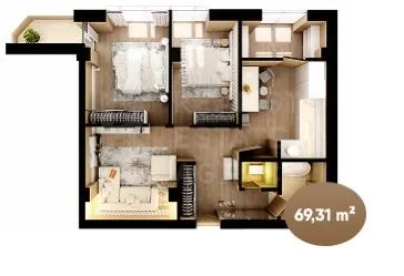 3-bedroom apartment, 69.31 m² — Image 1
