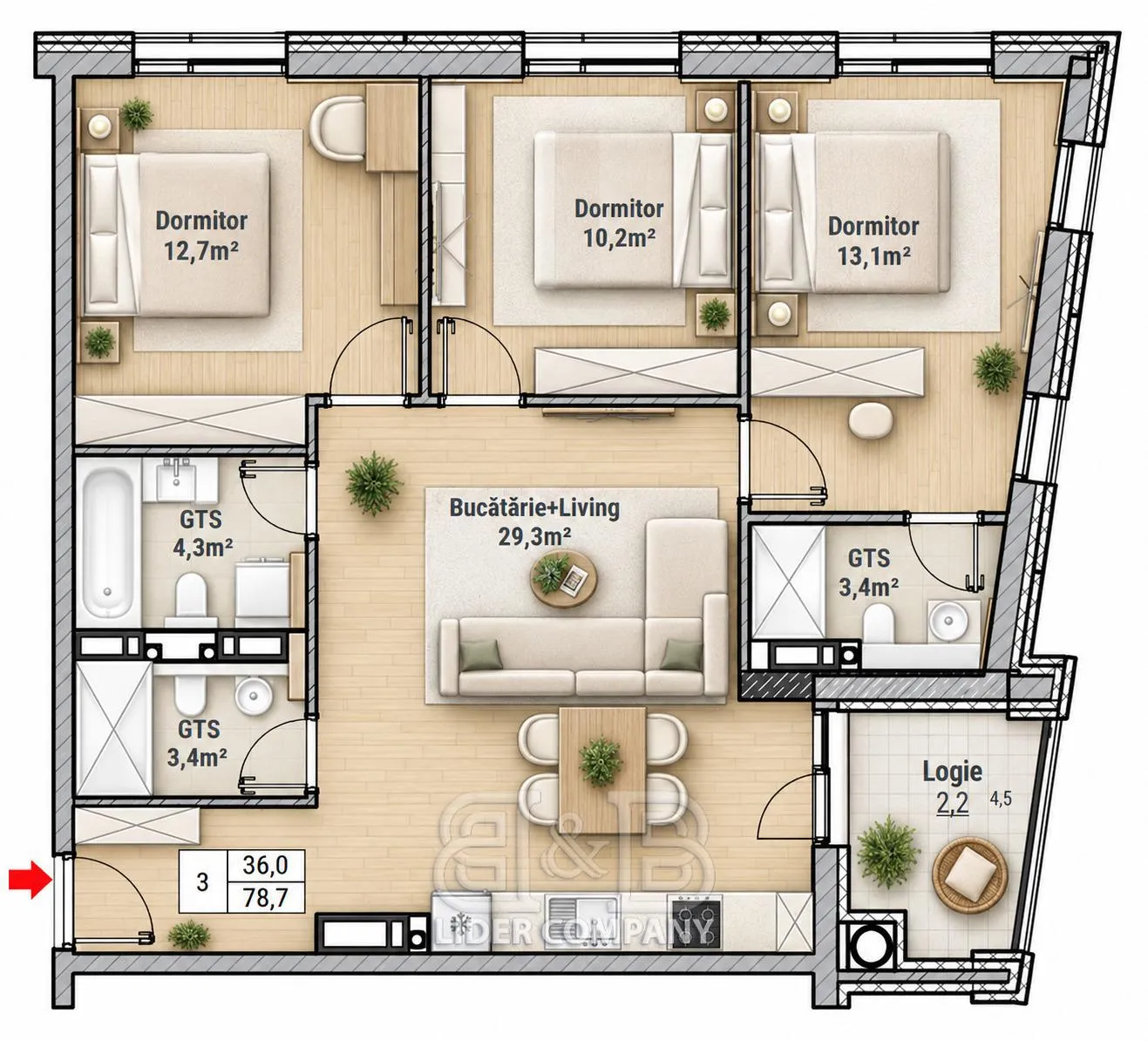 3-camere apartament, 79 m² — Imagine 1