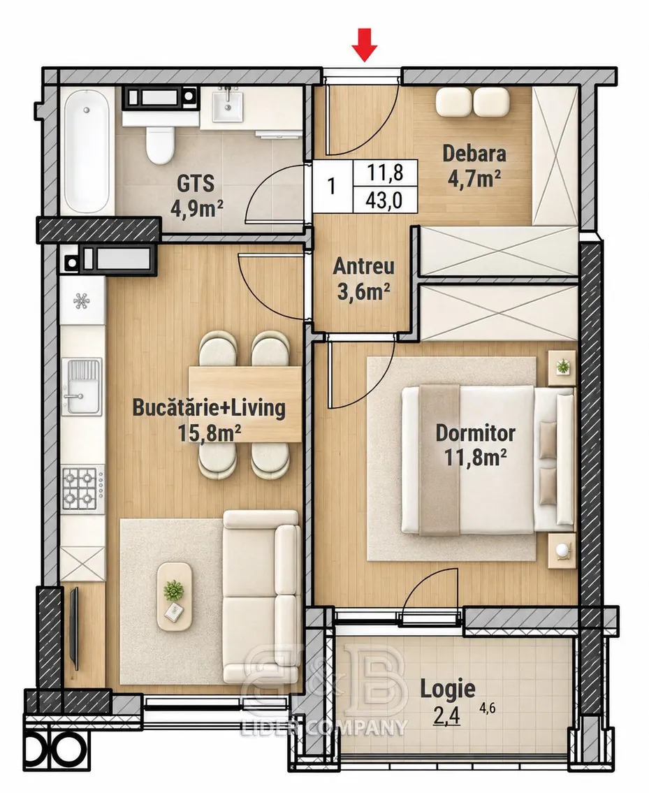 1-camere apartament, 43 m² — Imagine 1