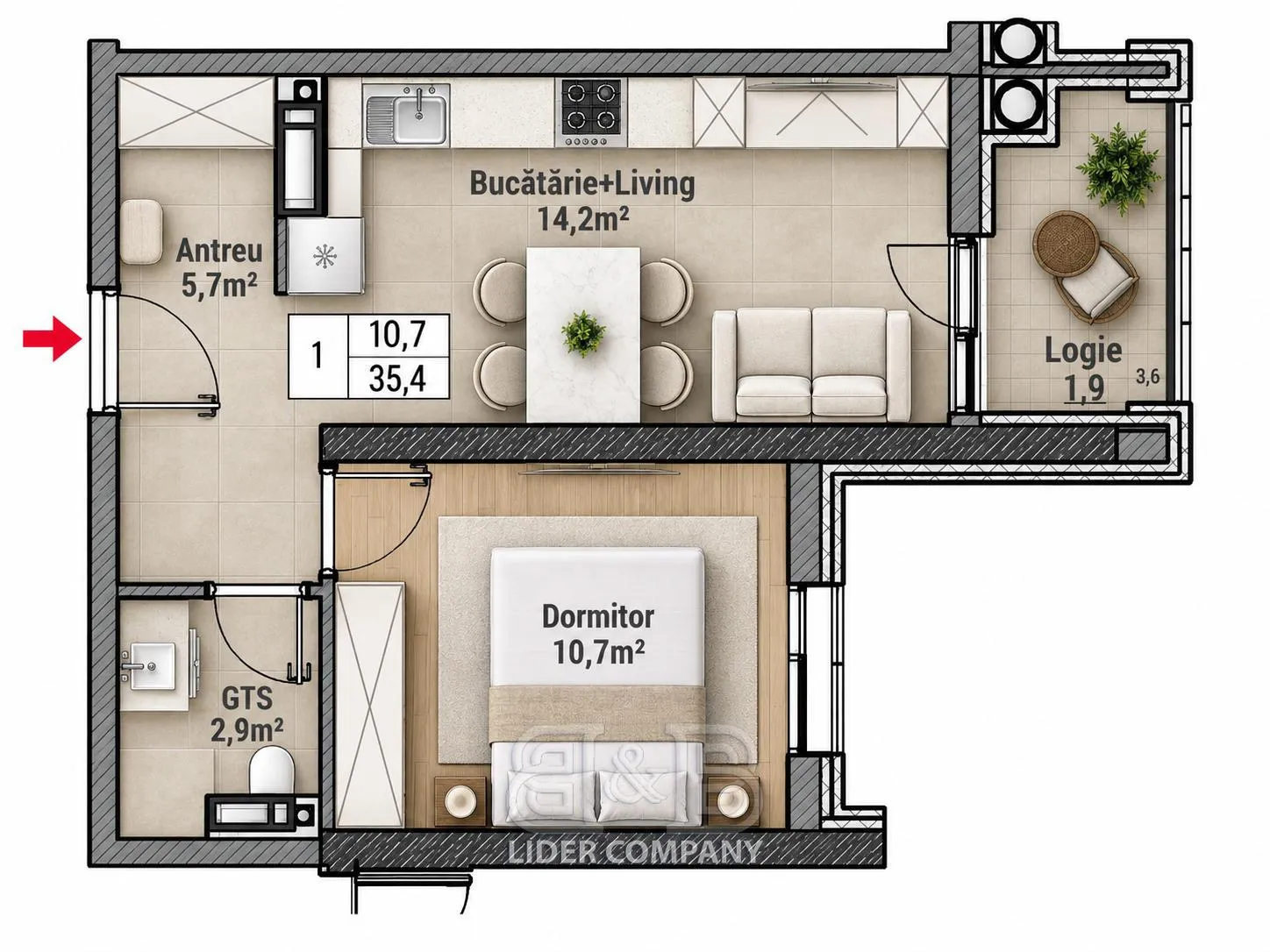 1-camere apartament, 35 m² — Imagine 3