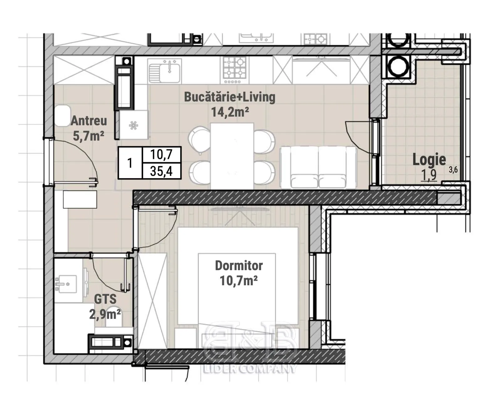 1-camere apartament, 35 m² — Imagine 2