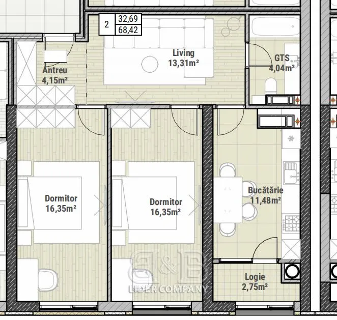 2-camere apartament, 68 m² — Imagine 1