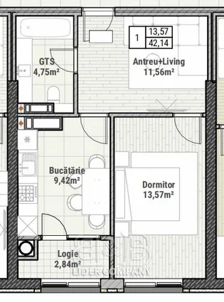 1-bedroom apartment, 42 m² — Image 1