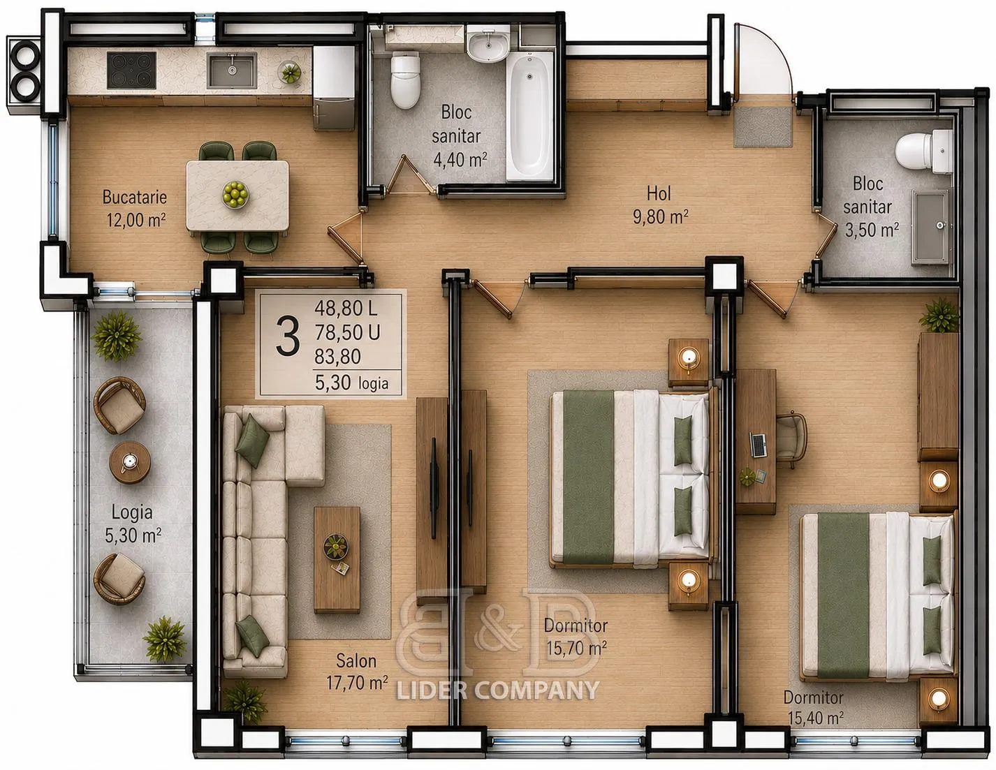 3-camere apartament, 84 m² — Imagine 1