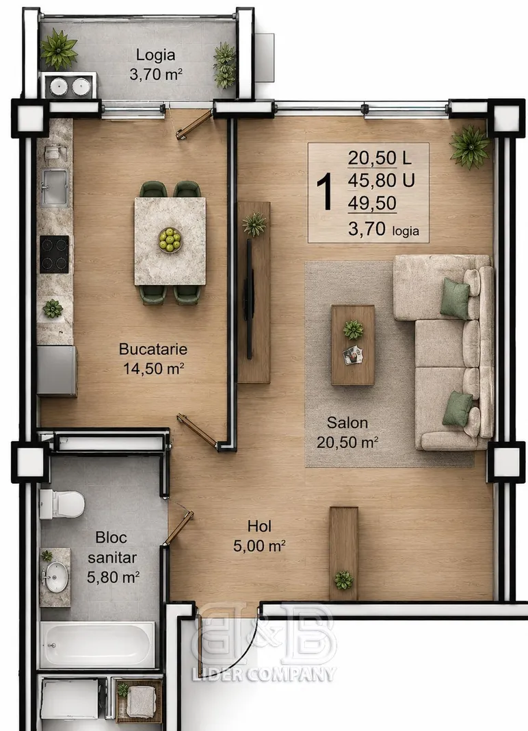 1-camere apartament, 50 m² — Imagine 1