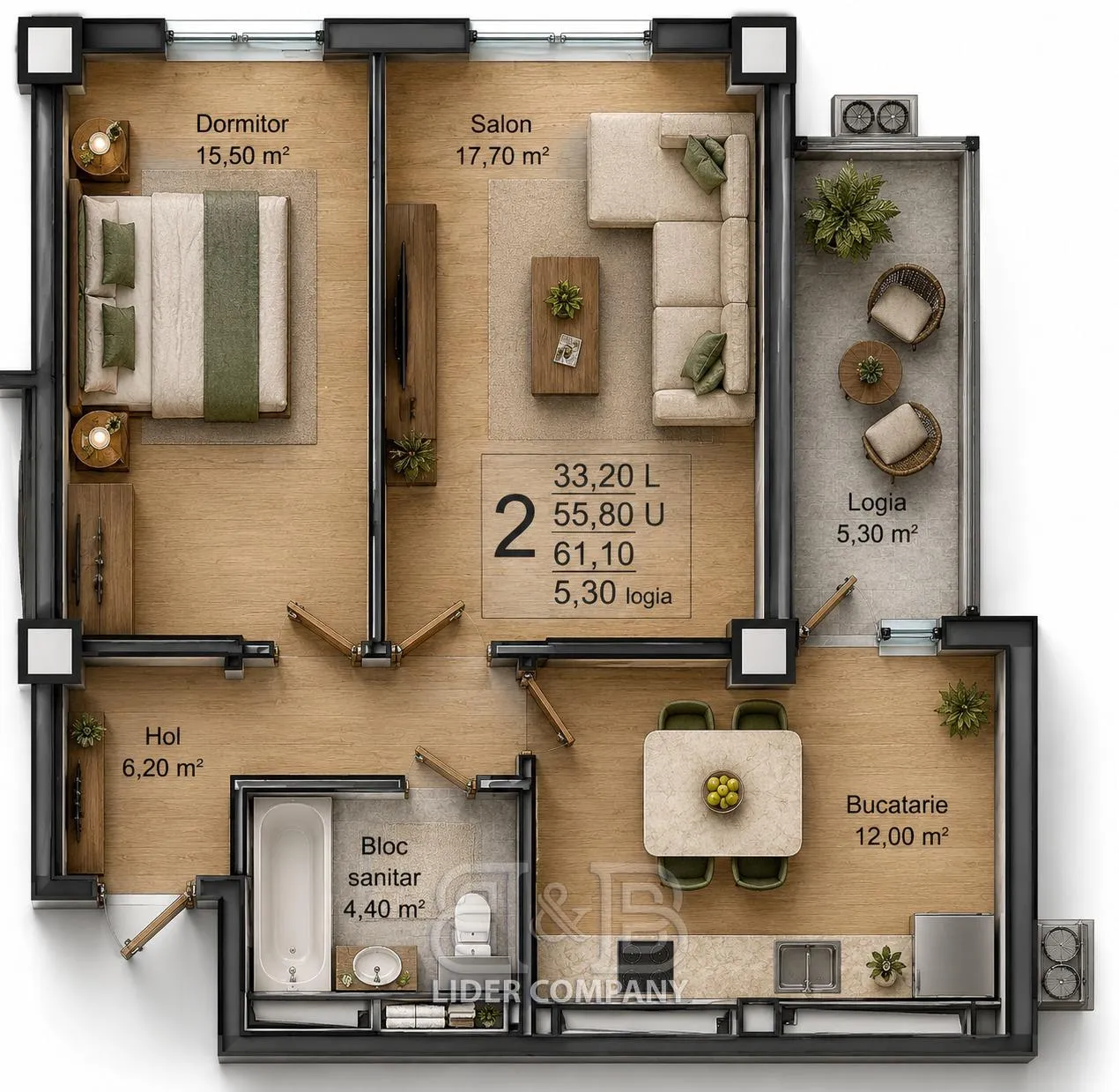 2-camere apartament, 61 m² — Imagine 1
