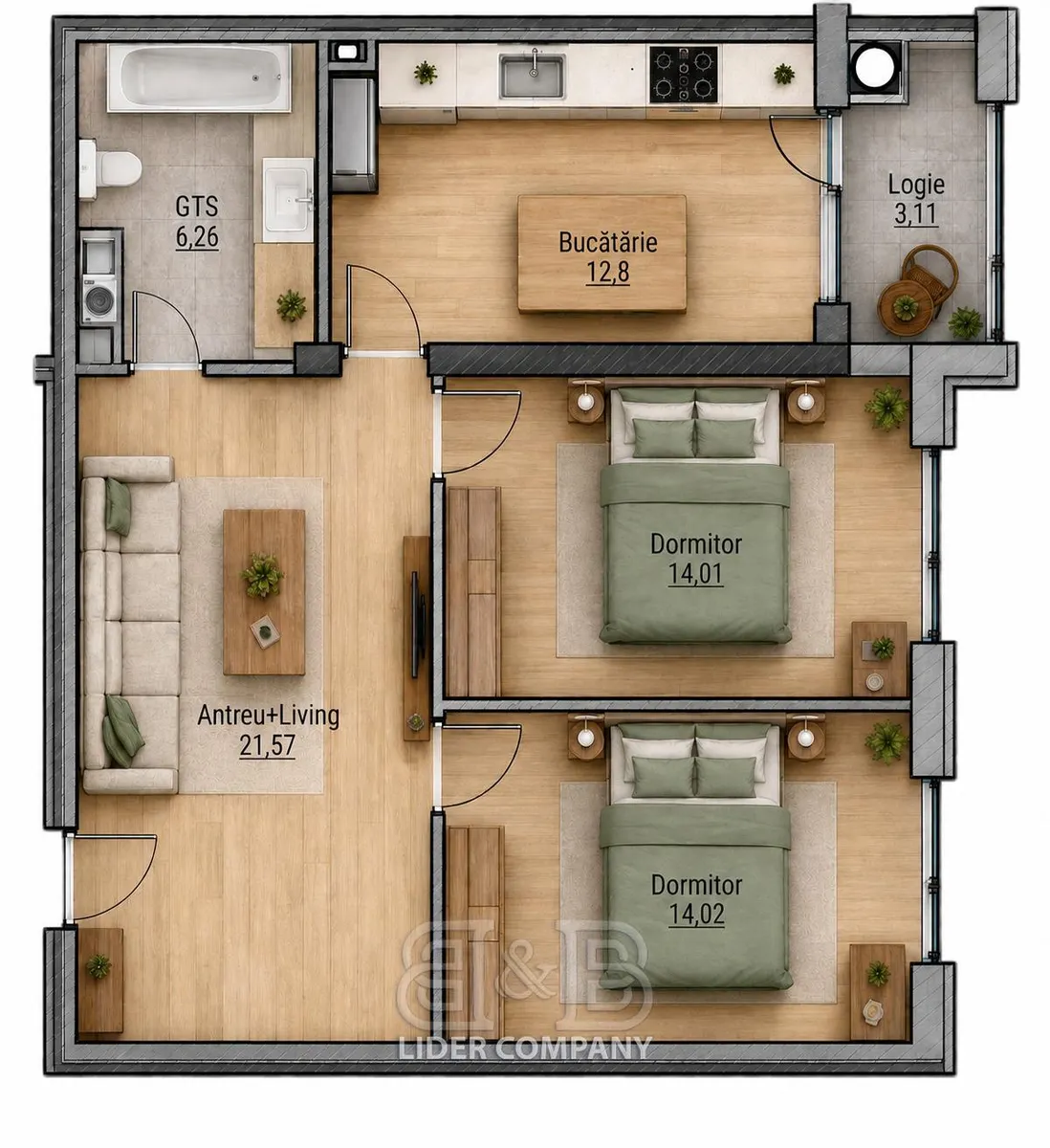 2-camere apartament, 72 m² — Imagine 1