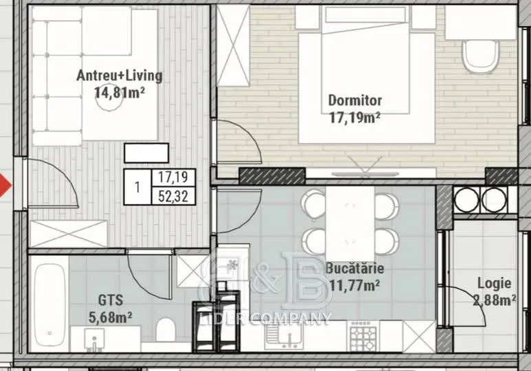 1-camere apartament, 52 m² — Imagine 1