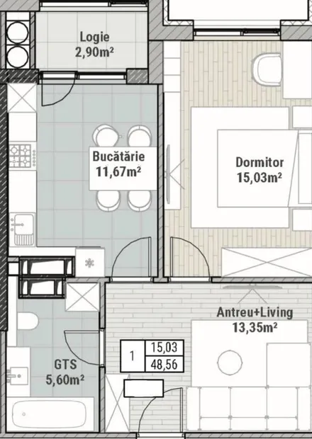 1-camere apartament, 49 m² — Imagine 1