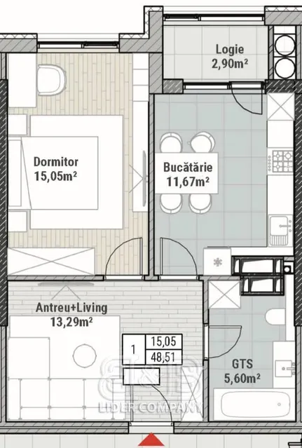 1-camere apartament, 49 m² — Imagine 1