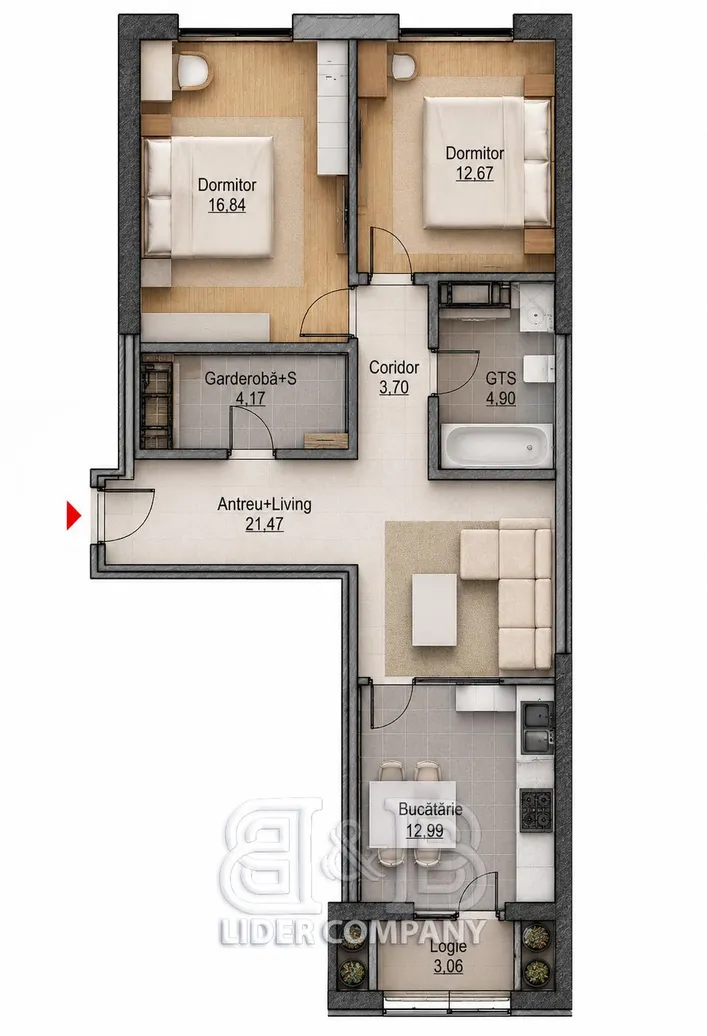 2-camere apartament, 80 m² — Imagine 1