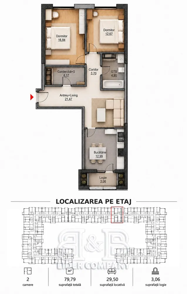 2-camere apartament, 80 m² — Imagine 3