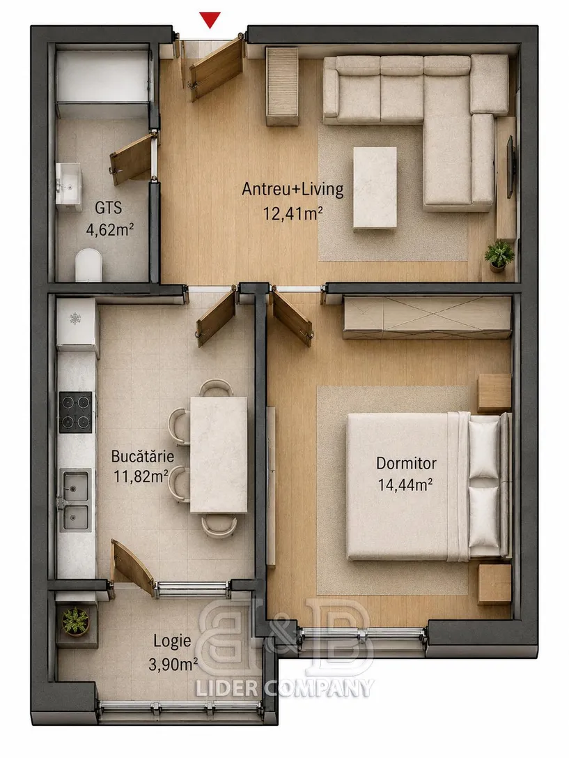 1-camere apartament, 47 m² — Imagine 1