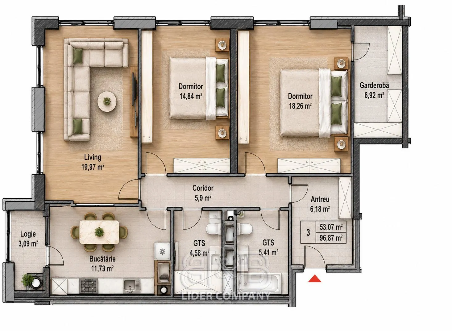 3-camere apartament, 97 m² — Imagine 1