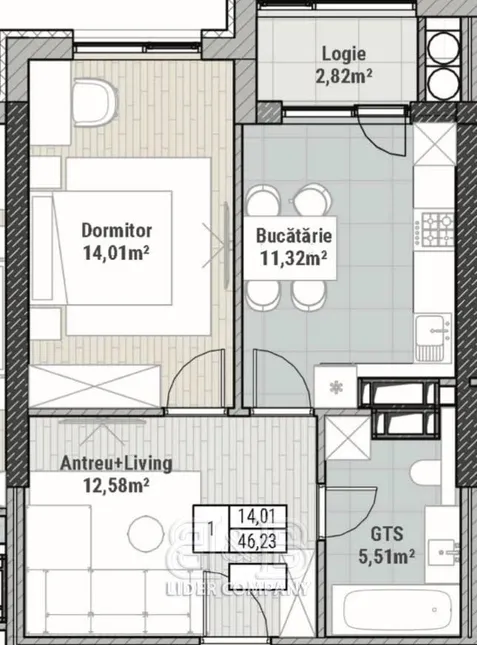 1-комнатная квартира, 46 м² — Изображение 1