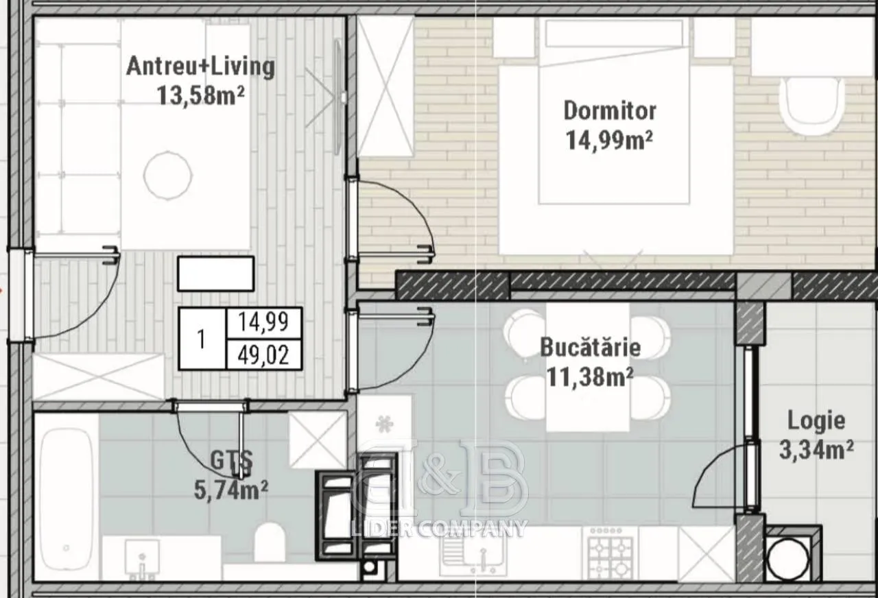 1-bedroom apartment, 49 m² — Image 1