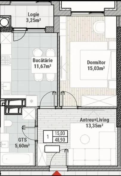 1-camere apartament, 49 m² — Imagine 1