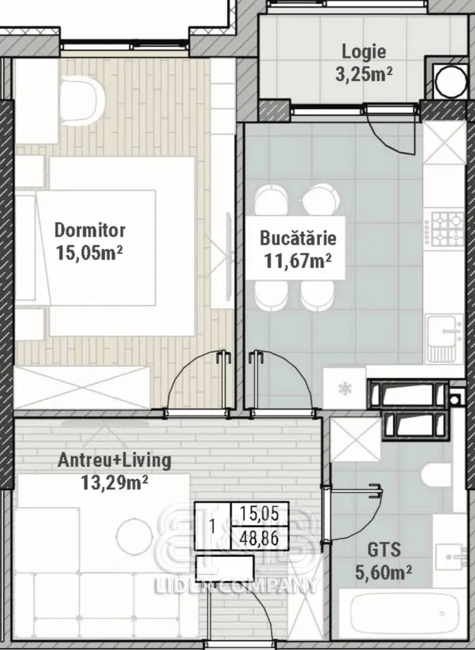 1-camere apartament, 49 m² — Imagine 1