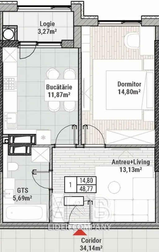 1-camere apartament, 49 m² — Imagine 1