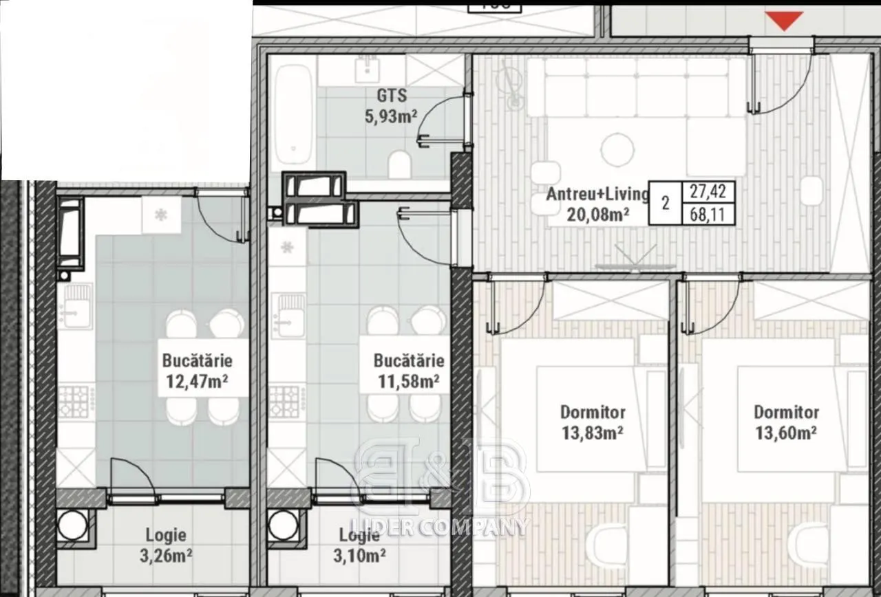 2-camere apartament, 68 m² — Imagine 1