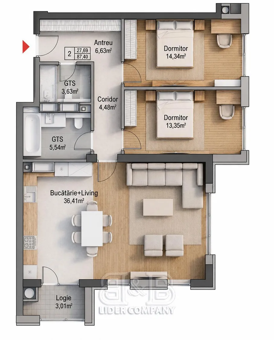 3-camere apartament, 87 m² — Imagine 1