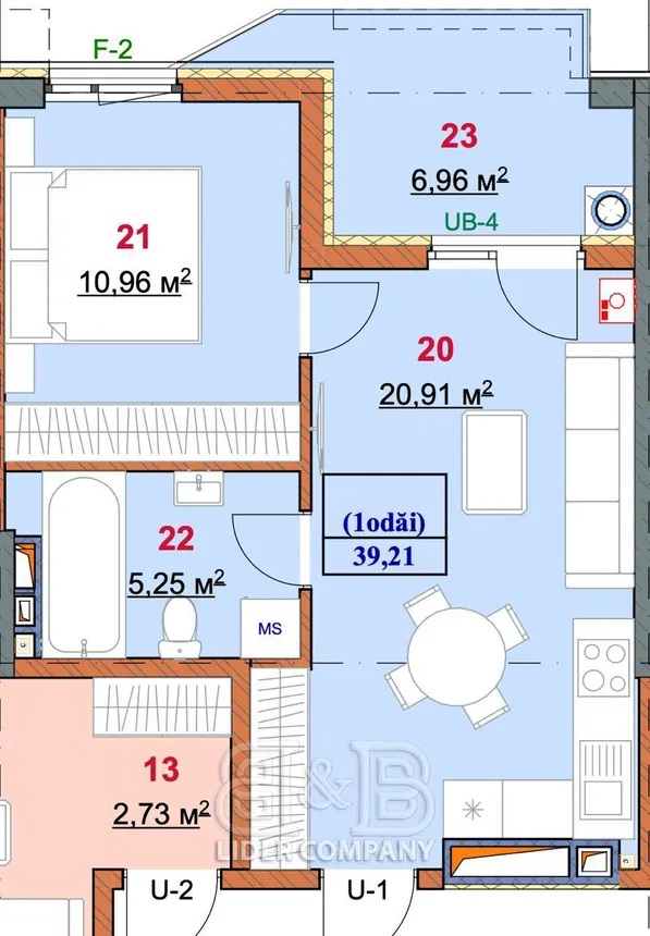 1-camere apartament, 39 m² — Imagine 2