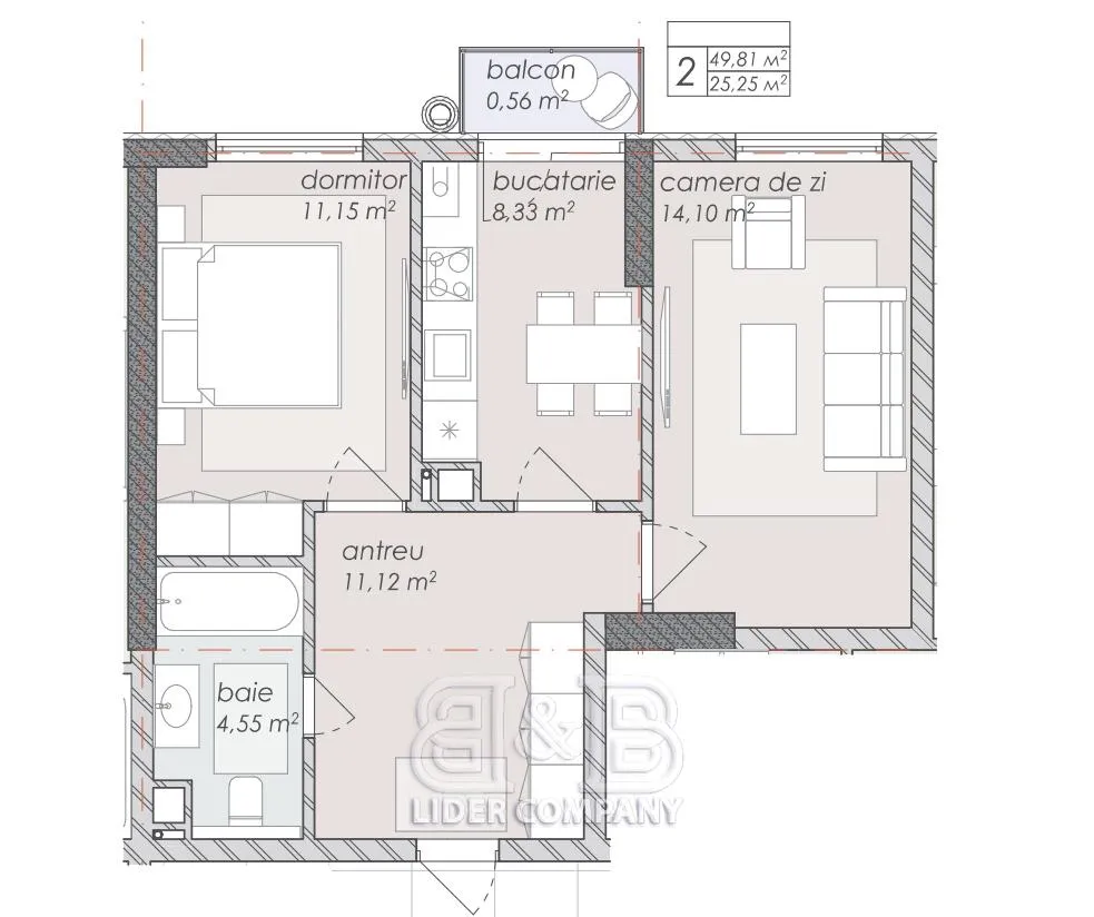 2-camere apartament, 50 m² — Imagine 3