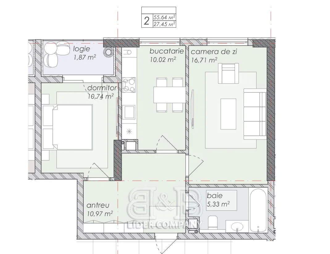 2-camere apartament, 55.64 m² — Imagine 3