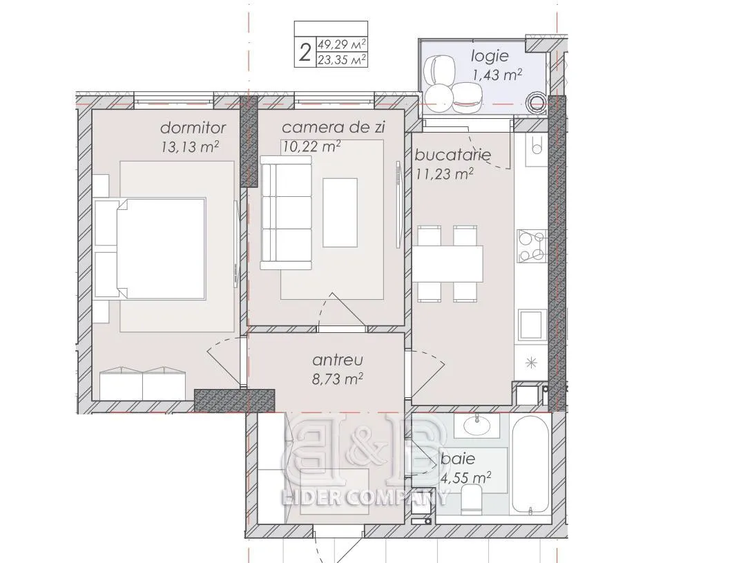 2-camere apartament, 49 m² — Imagine 3