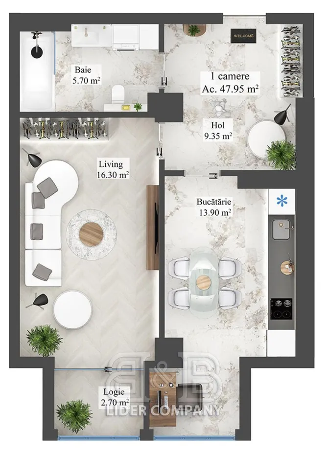 1-bedroom apartment, 47.95 m² — Image 2