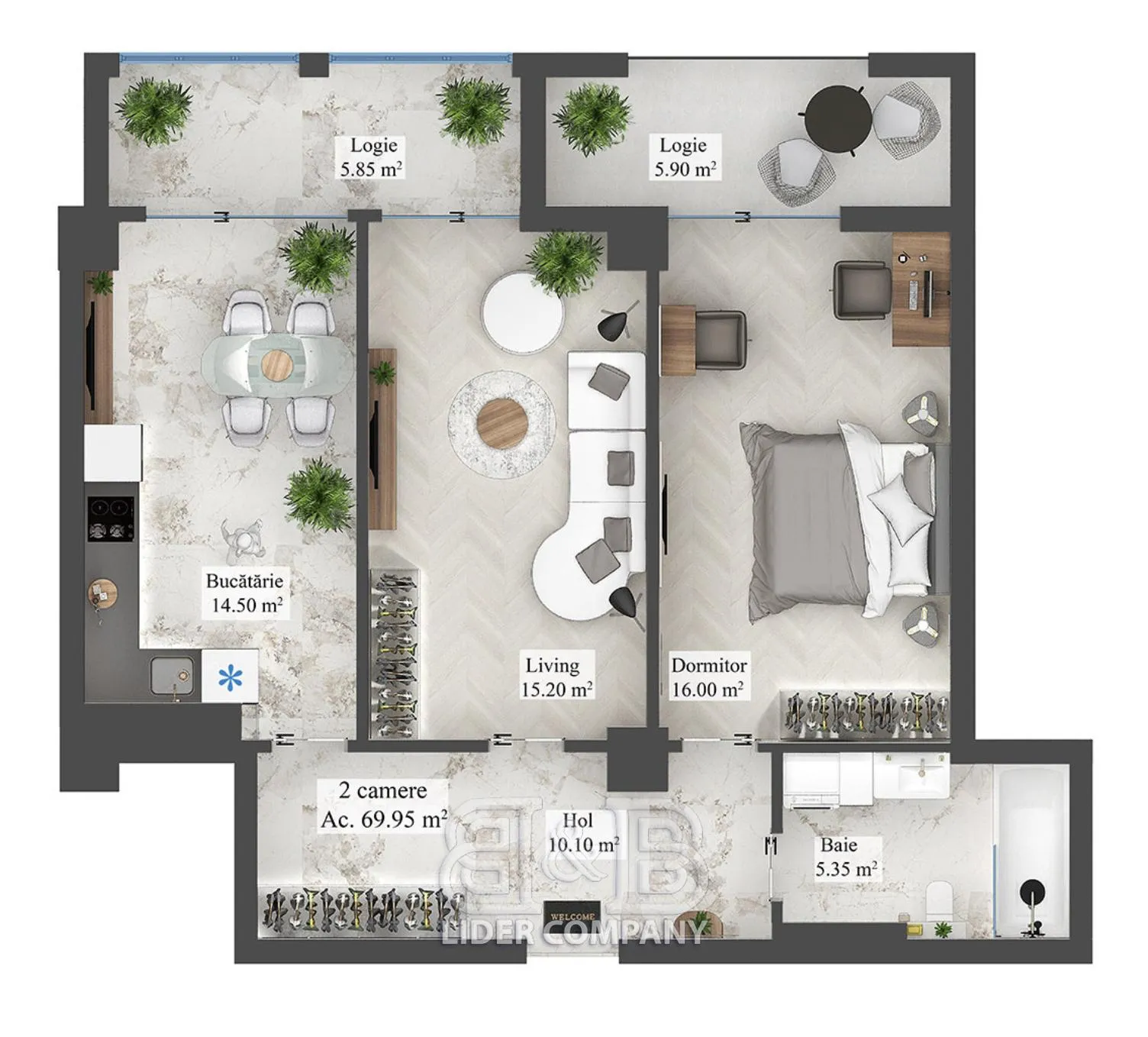 2-camere apartament, 69.95 m² — Imagine 3