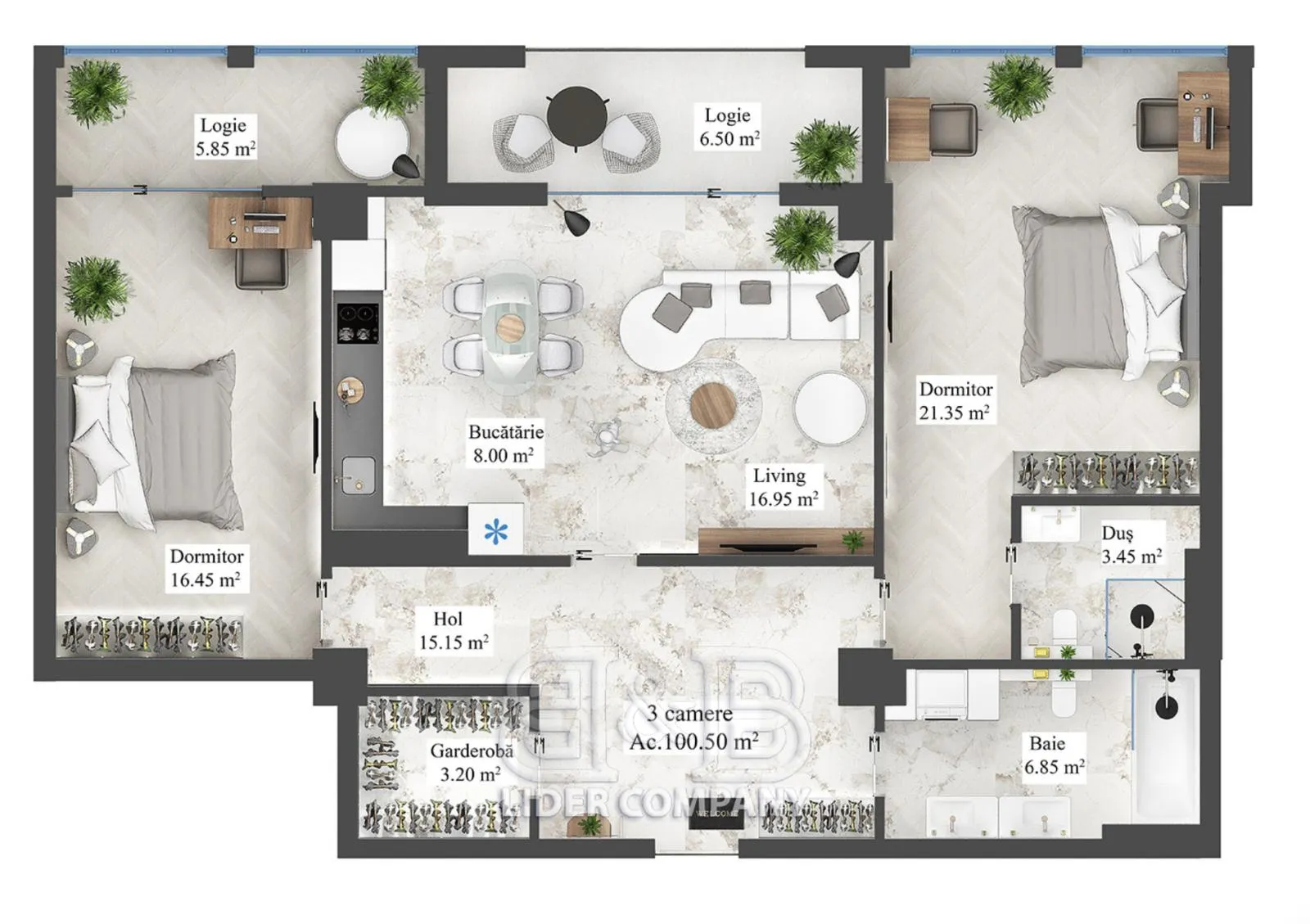 2-camere apartament, 100.5 m² — Imagine 2