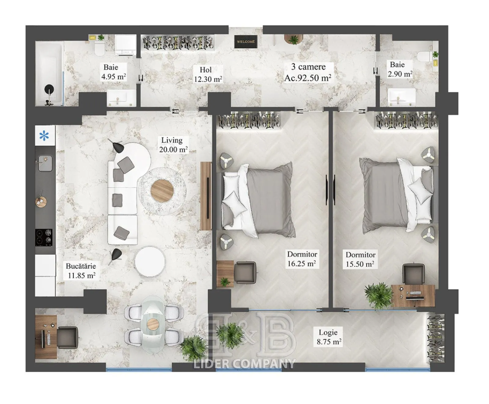 2-camere apartament, 92.5 m² — Imagine 3