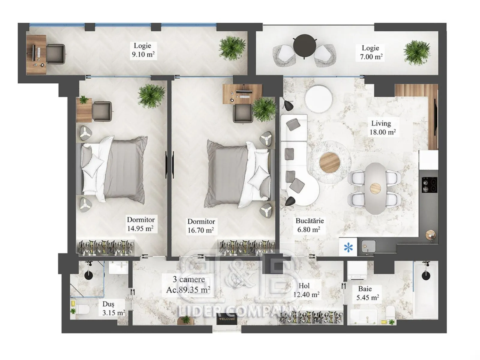 2-camere apartament, 89.35 m² — Imagine 3