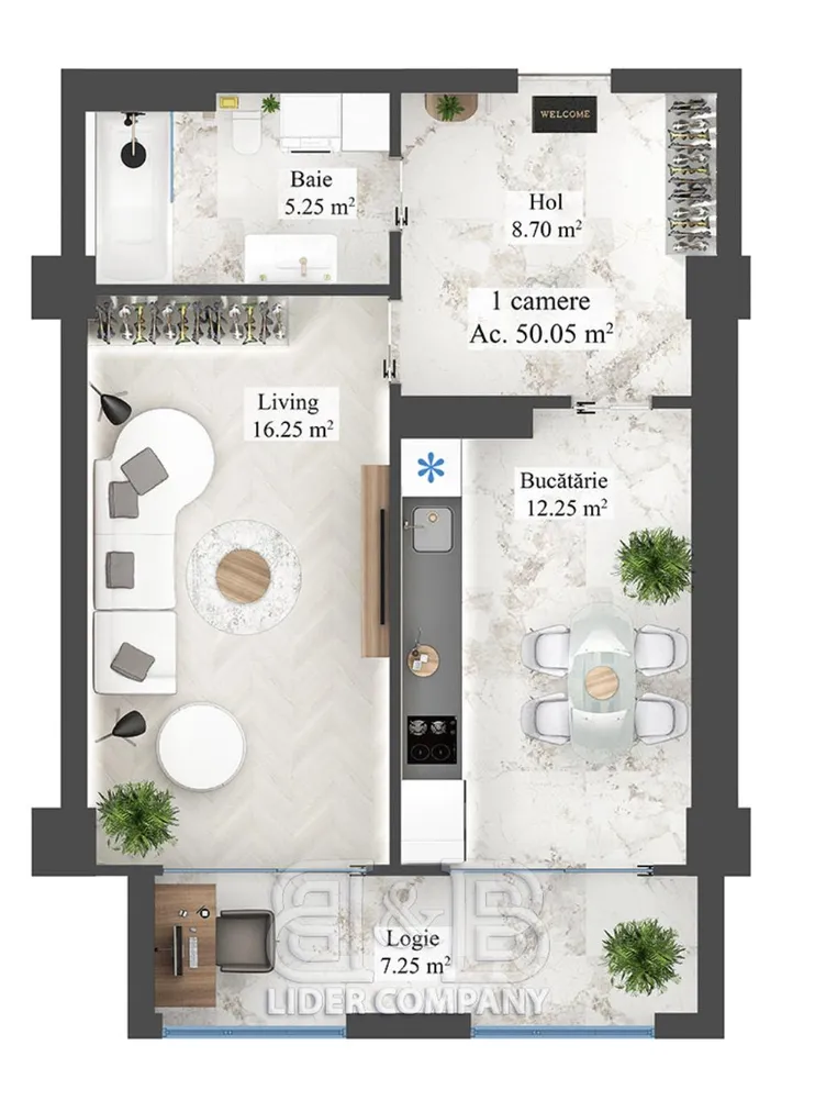 1-camere apartament, 50.2 m² — Imagine 3